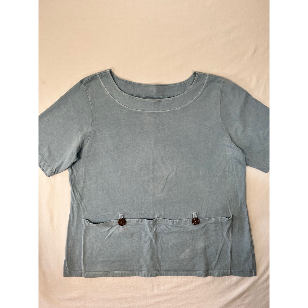 Orvis Lagenlook Artsy Women Lrg Blue Cotton Short Sleeve Boat Neck Pocket Shirt
